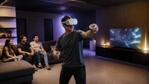 Player wearing an unbranded VR headset and reaching forward in a modern media room while friends watch