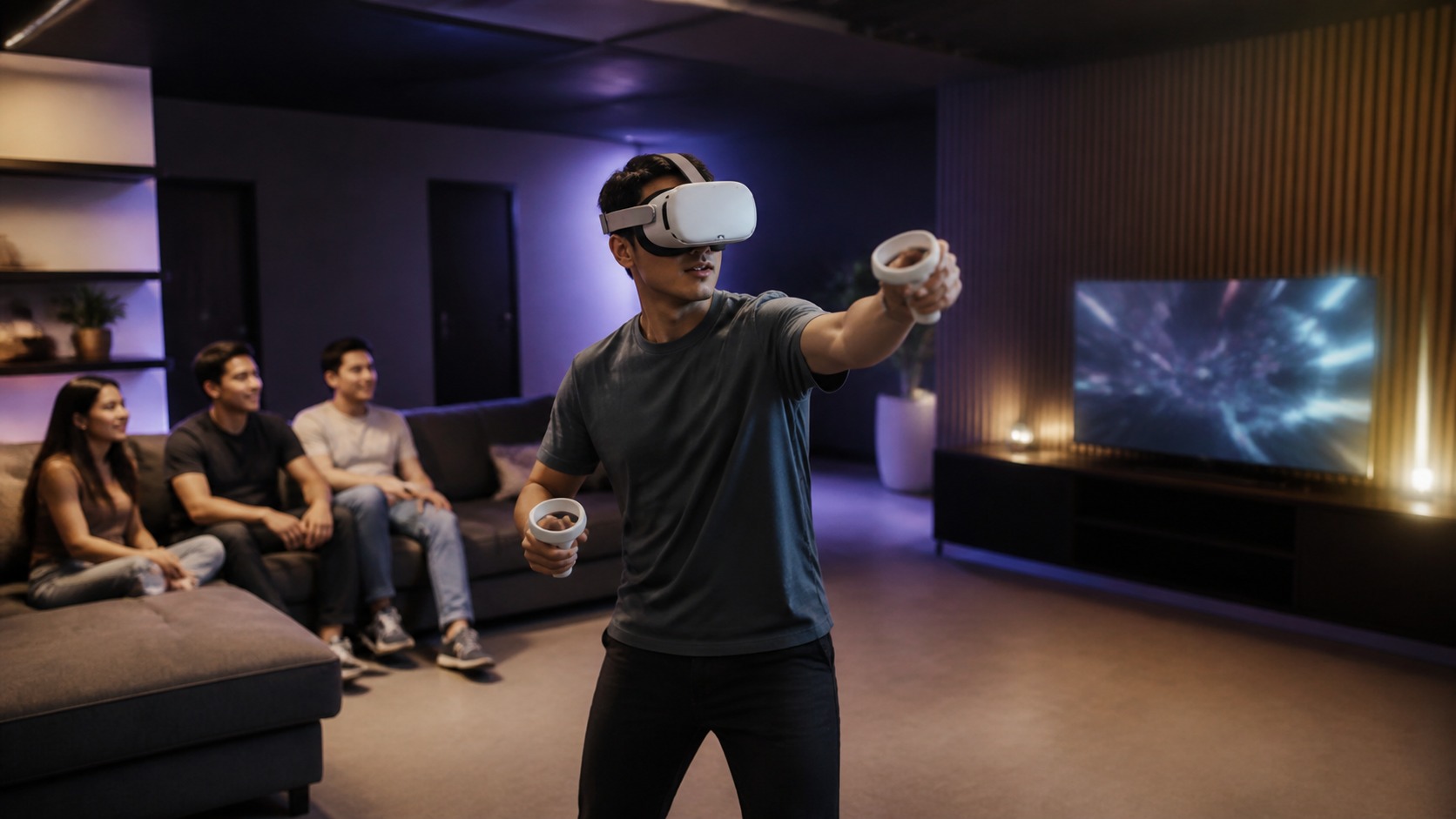Player wearing an unbranded VR headset and reaching forward in a modern media room while friends watch