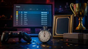 A gaming record display with controller, stopwatch, trophy, blank certificate frame, retro console, and blurred scoreboard monitor.