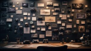 A studio influence wall with blank cards, controller prototypes, abstract level diagrams, and connected light lines.