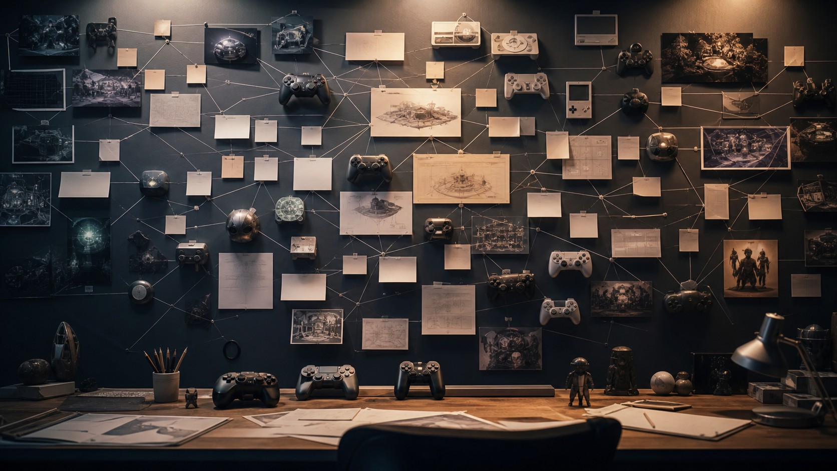 A studio influence wall with blank cards, controller prototypes, abstract level diagrams, and connected light lines.