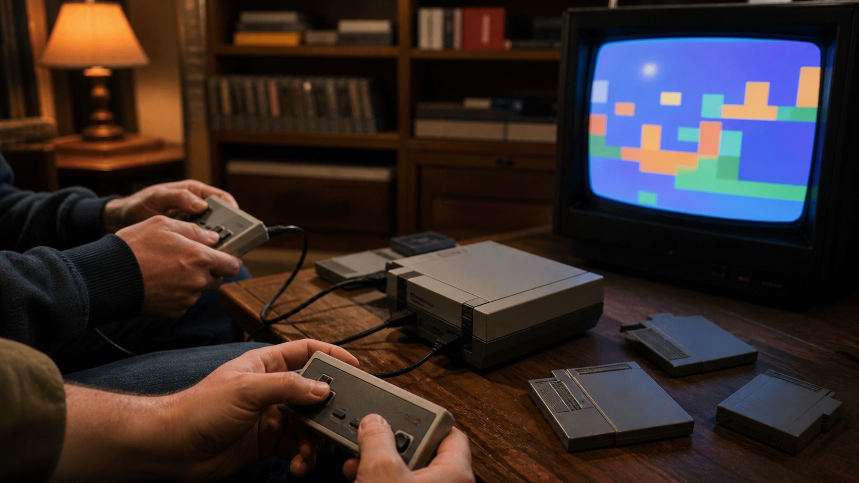 Two players using unbranded 8-bit style controllers beside a CRT television and blank cartridges