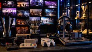 A museum-like gaming history display with controllers, headset, arcade stick, trophies, retro cartridges, and blurred crowd photos.