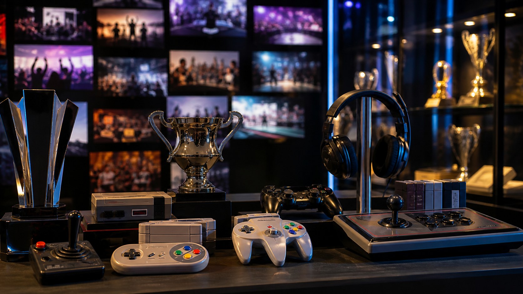 A museum-like gaming history display with controllers, headset, arcade stick, trophies, retro cartridges, and blurred crowd photos.