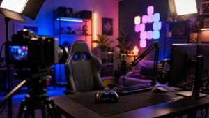 A modern empty livestreaming setup with cameras, microphone, lights, controller, and colorful studio panels.