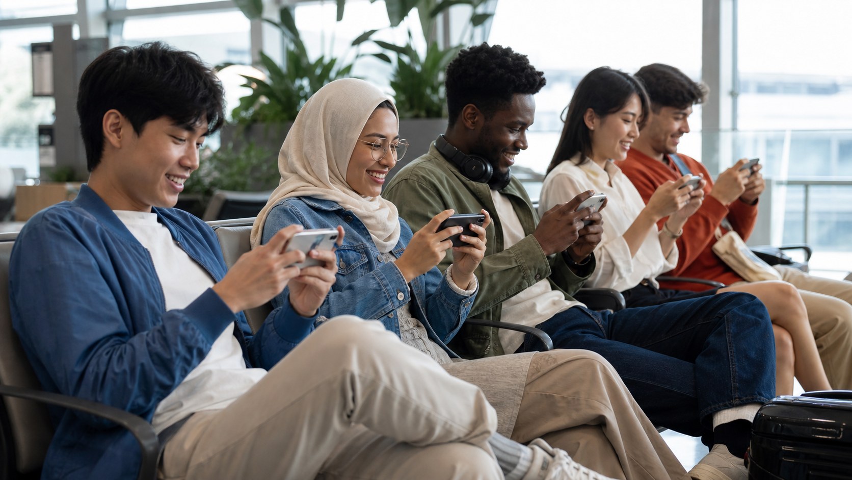 Diverse group of people playing games on unbranded smartphones in a bright public lounge.