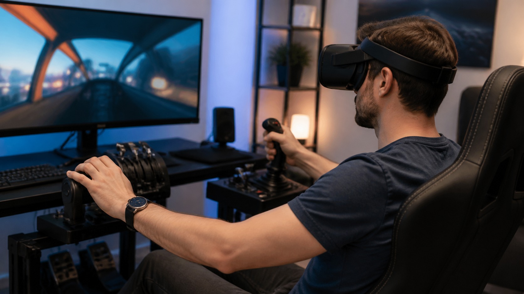 Player using an unbranded VR headset with generic flight simulation controls at a home sim desk