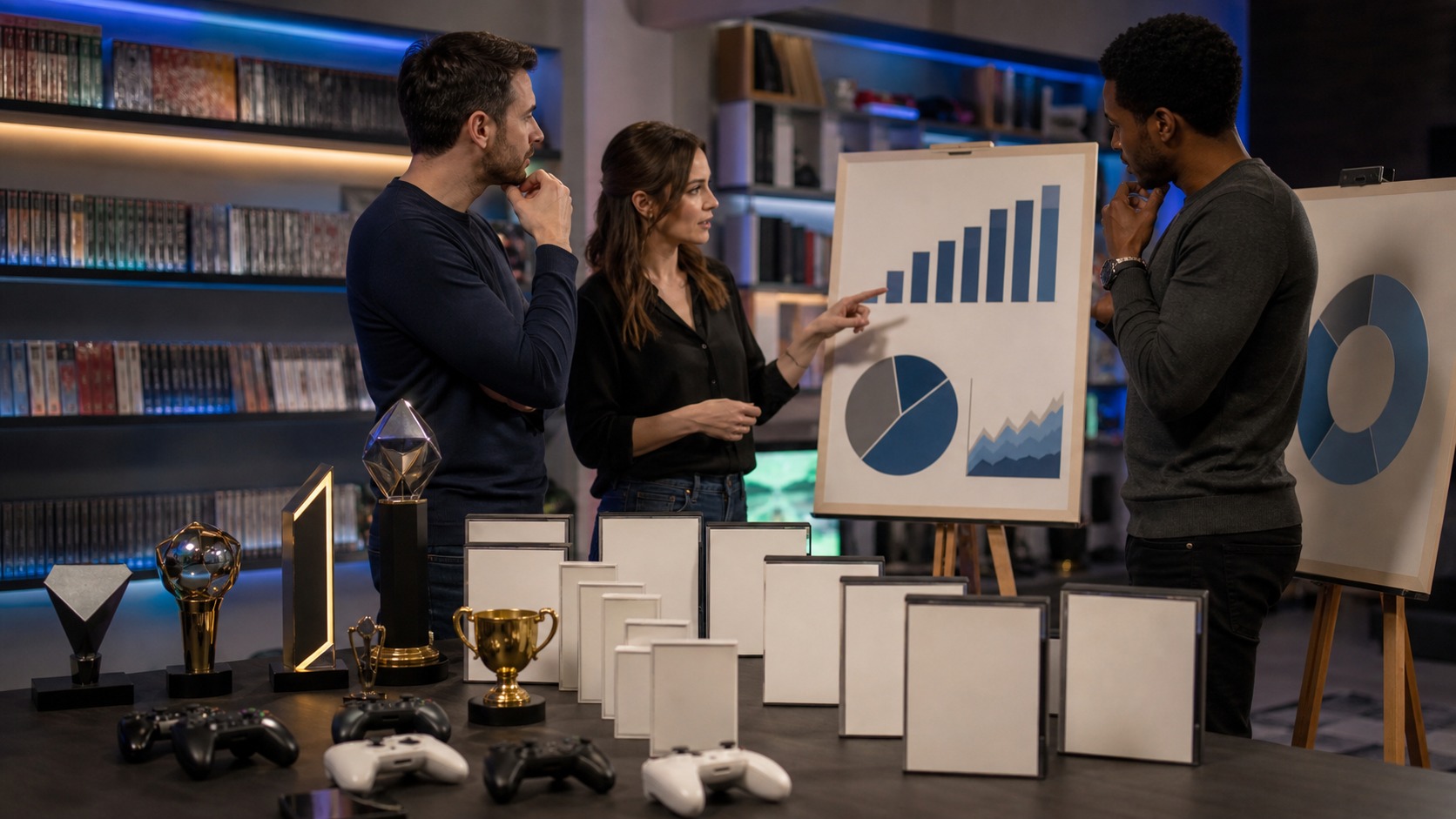 People reviewing blank charts, unbranded game cases, controllers, and trophy-like objects in a gaming media room