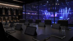 A sleek esports business boardroom overlooking an arena with blank dashboards, trophy shapes, and generic jerseys.