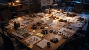 A collaborative game studio table with concept sketches, controllers, headphones, blank cards, and empty chairs after a milestone review.