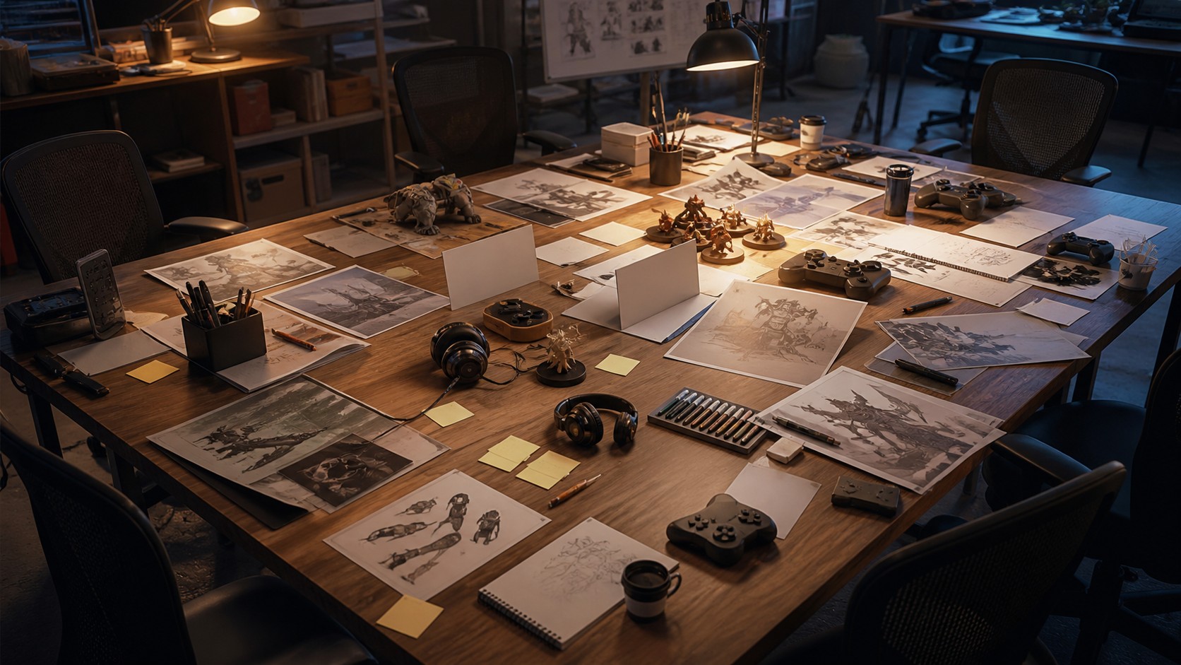 A collaborative game studio table with concept sketches, controllers, headphones, blank cards, and empty chairs after a milestone review.