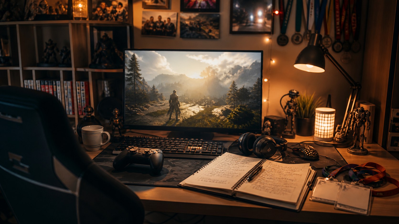 A cozy home gaming room with controller, headset, medals, blank badges, handwritten notes, and a glowing generic adventure game scene.