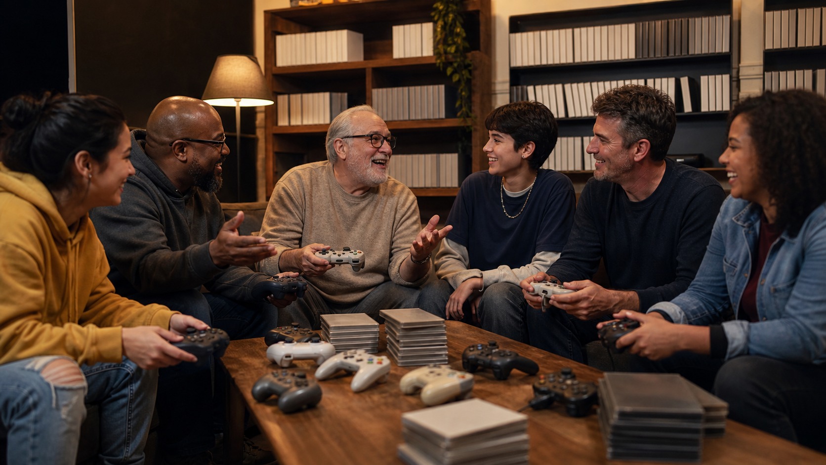 Multigenerational group sharing stories with unbranded controllers and blank game cases in a cozy gaming lounge