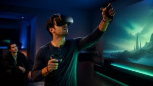 Player in an unbranded VR headset reaching upward in a dark room with abstract otherworldly light