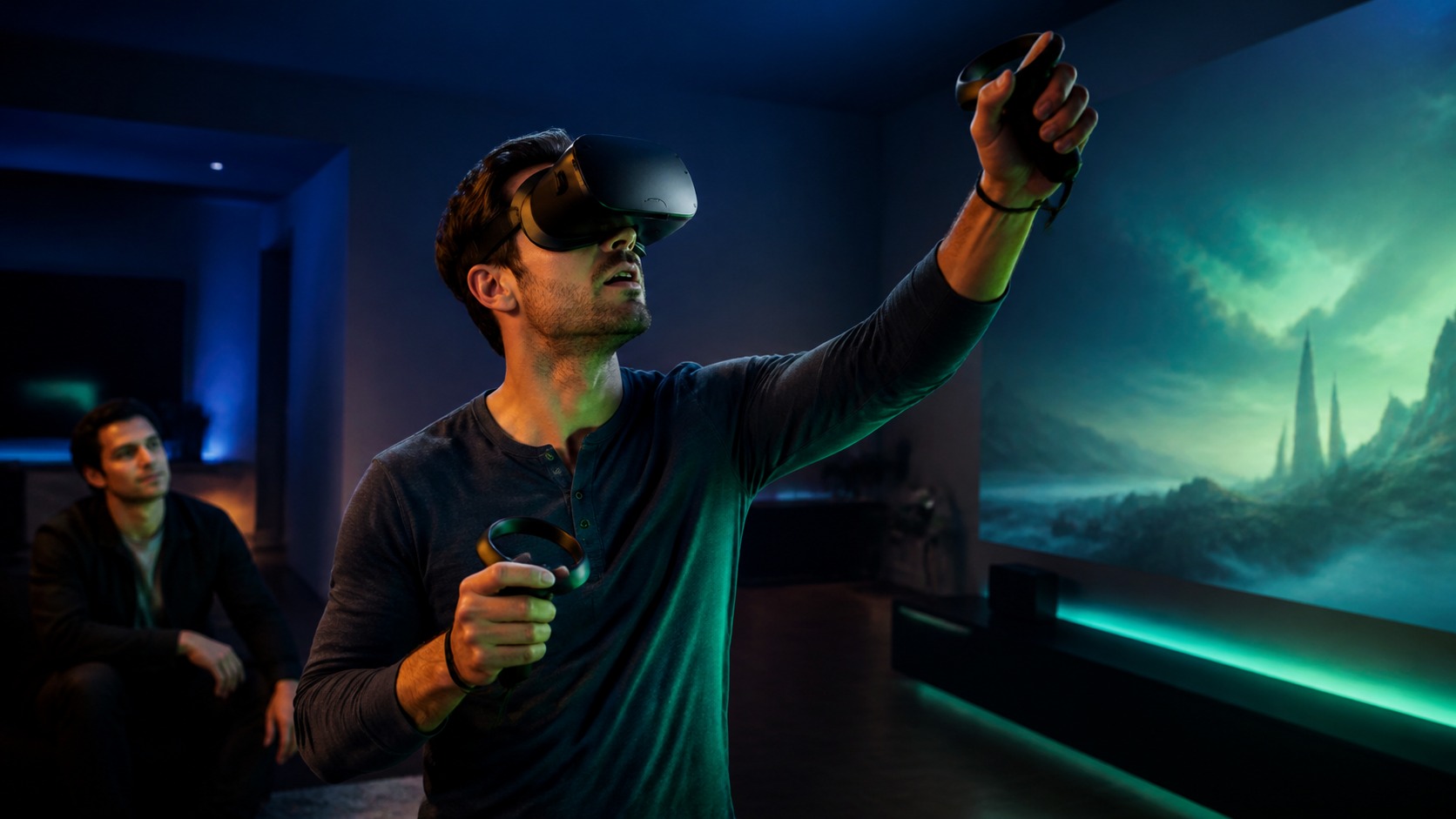 Player in an unbranded VR headset reaching upward in a dark room with abstract otherworldly light