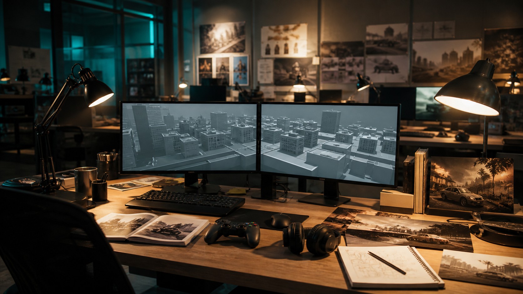 A cinematic game development desk with city block prototypes on monitors and studio concept art.