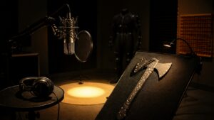 A dark performance capture and voice recording studio with a microphone, headphones, and a neutral prop axe silhouette.
