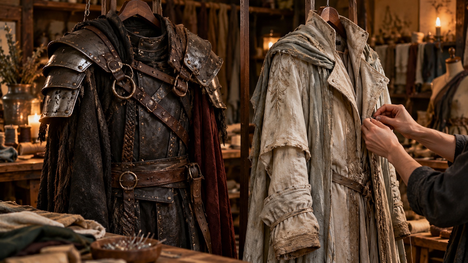 Dark fantasy armor and a pale traveling coat hang side by side in a costume workshop.