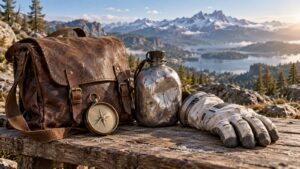 A leather satchel, dented canteen, and dusty astronaut glove rest on a bench above a mountain landscape.