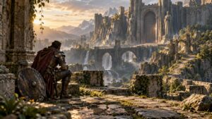 An armored traveler pauses in a stone courtyard with a distant gate and a winding path through ruins.