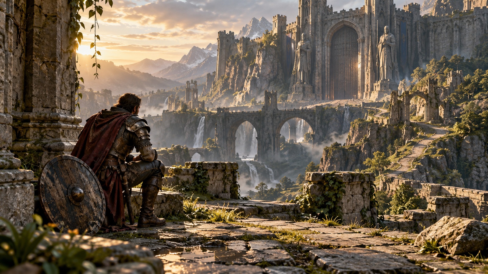 An armored traveler pauses in a stone courtyard with a distant gate and a winding path through ruins.