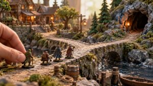A hand moves an adventurer figurine beside a branching miniature bridge, village, and cave.