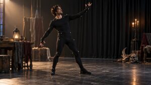 A performer wearing capture markers rehearses an expressive gesture in a studio.