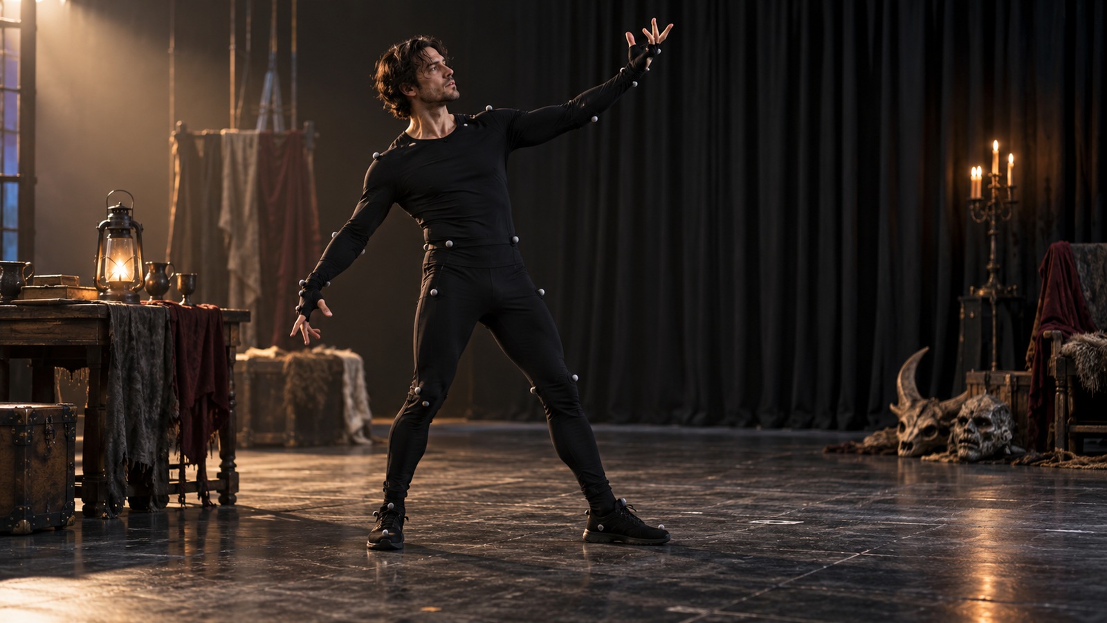 A performer wearing capture markers rehearses an expressive gesture in a studio.
