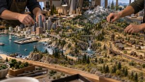 Two artists work on a miniature landscape connecting a coastal city with a frontier railway settlement.