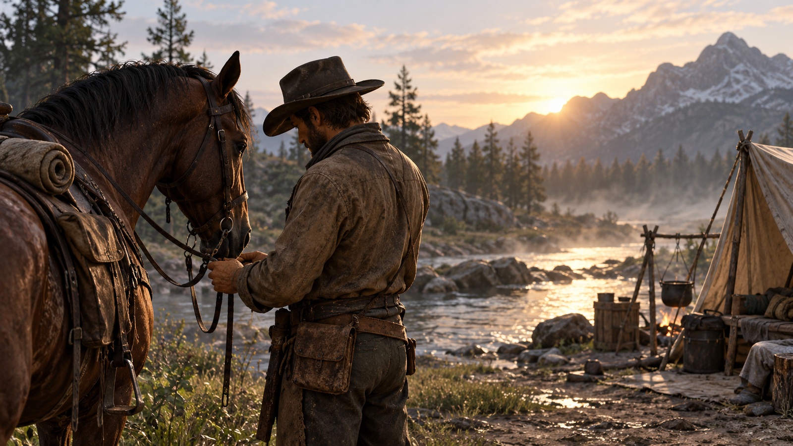A cowboy adjusts his horse's reins beside a quiet creek and a small campsite.