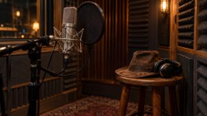 A studio microphone and pop filter stand beside headphones and a worn brown explorer hat in an empty recording booth.